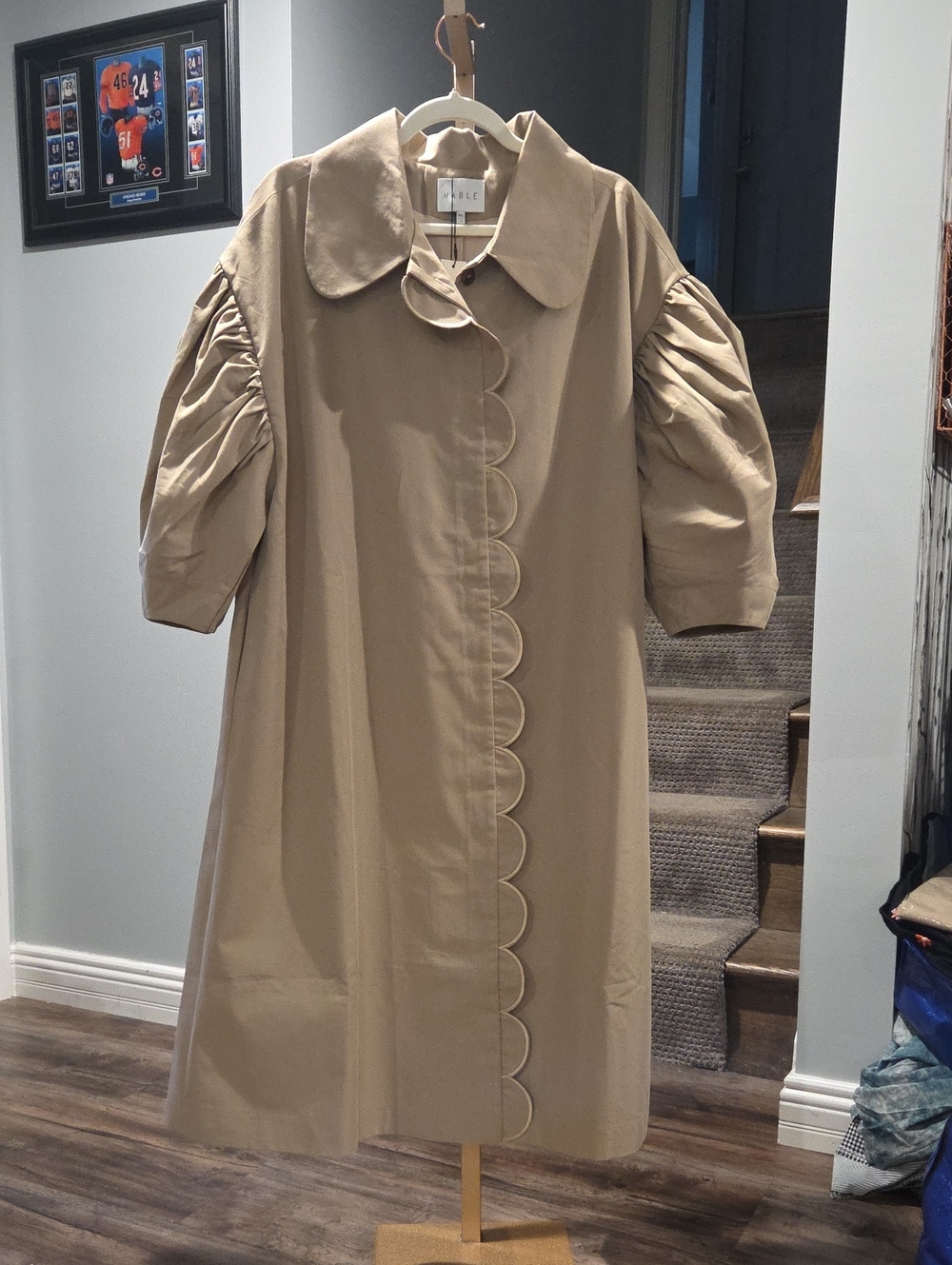 MARBLE Tan Scalloped-Front Puff-Sleeve Trench Coat